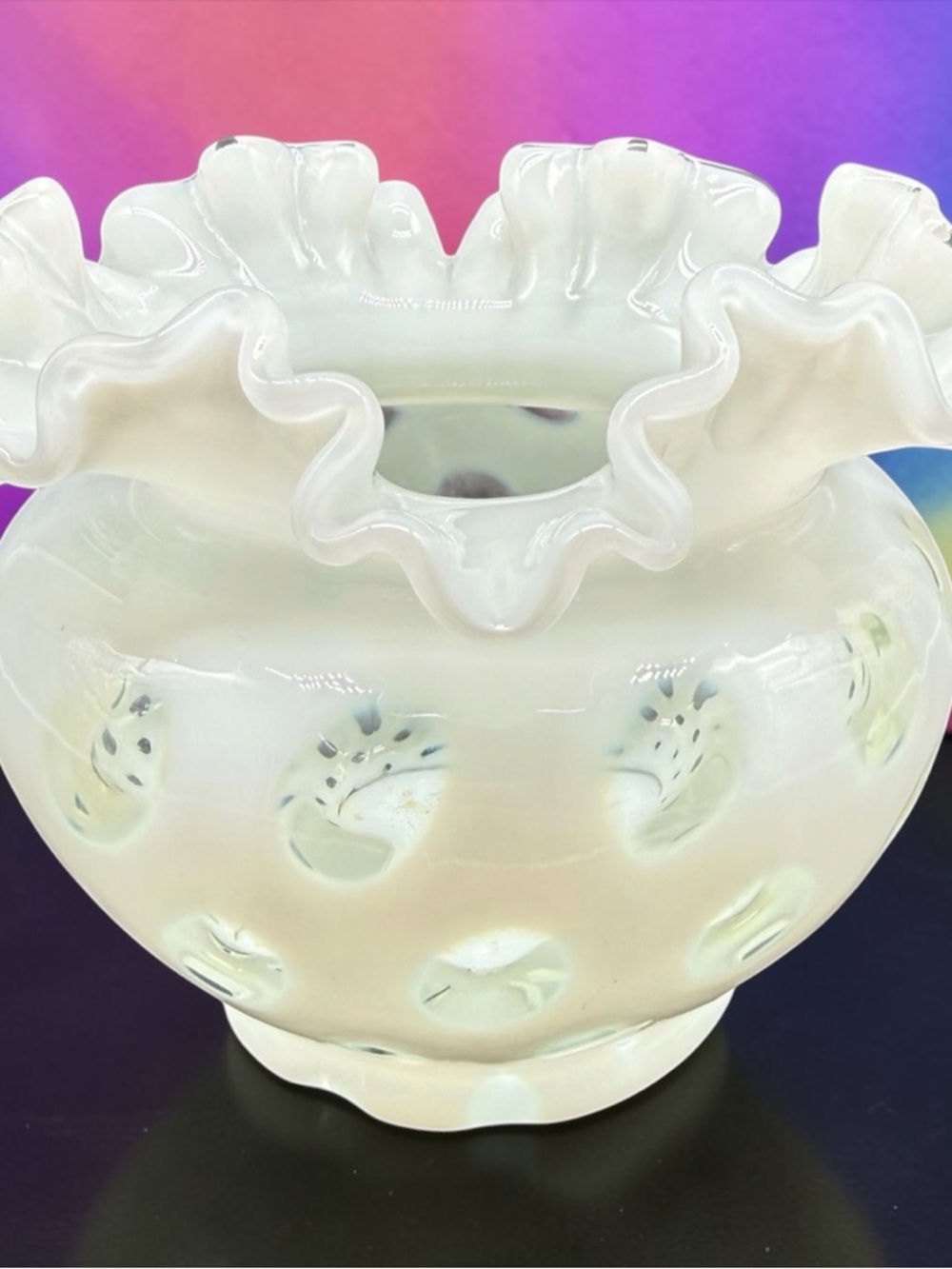 Fenton French White Opalescent Art Glass Coin Dot Rose Bowl Vase Ruffled As Is